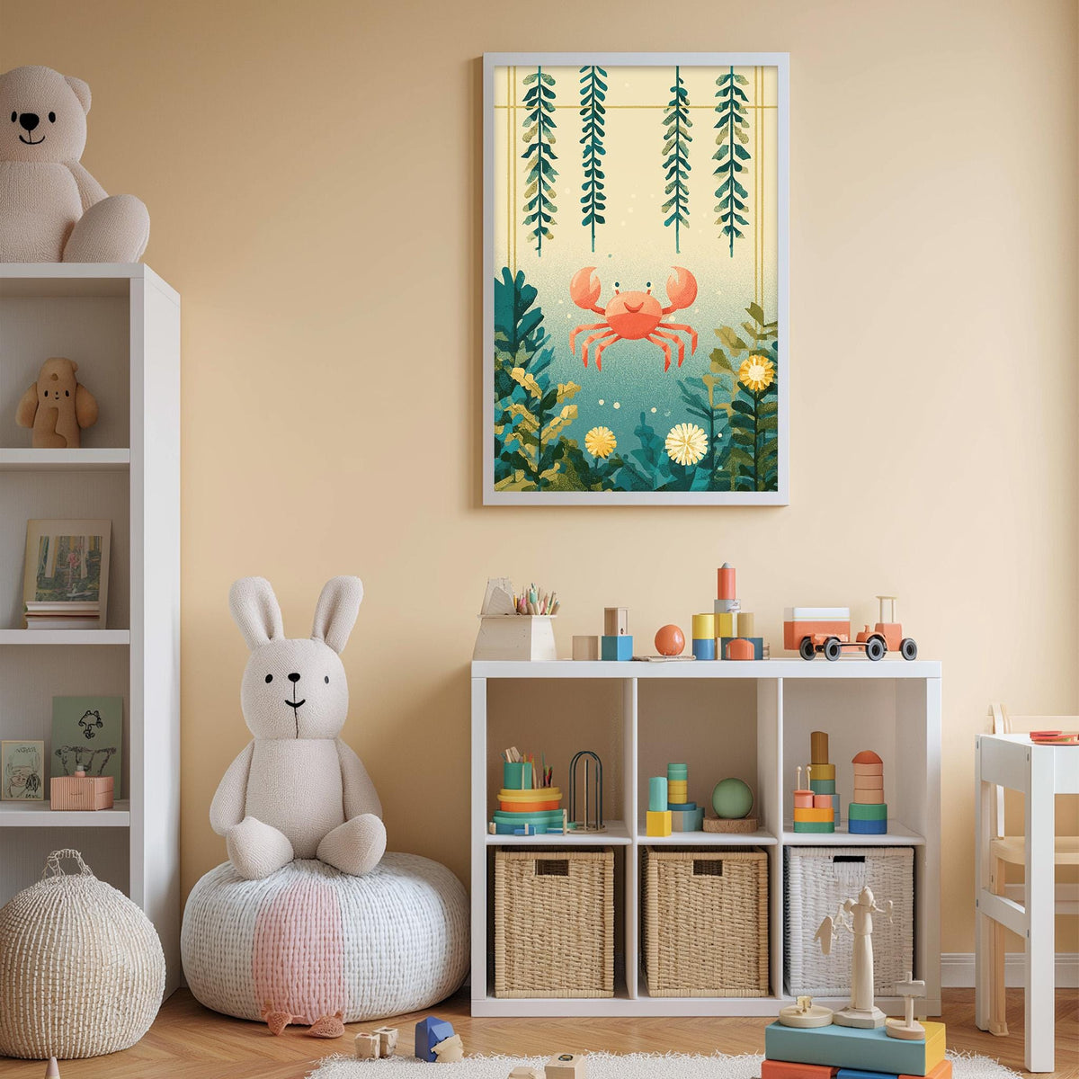 A cozy children's room with a white bookshelf, a plush rabbit, and a colorful toy box filled with toys. Above the bookshelf, there is a framed picture of a crab and plants, creating a whimsical underwater scene.