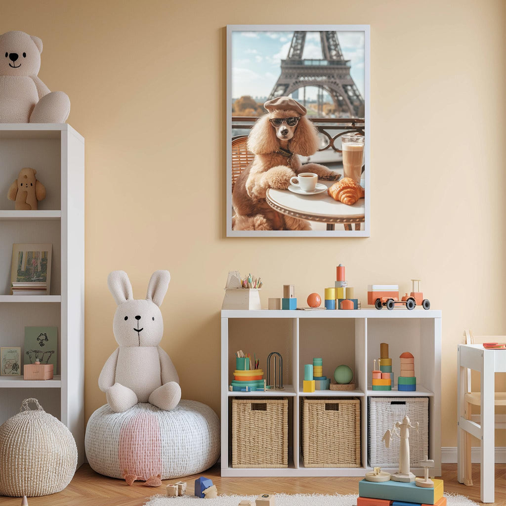 a cozy and playful children's room with a stuffed rabbit, a toy table, and a framed picture of a poodle wearing sunglasses and sitting at a table with food.