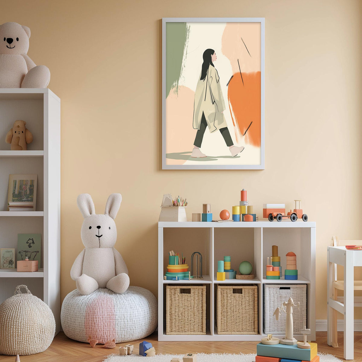 a cozy and colorful children's bedroom with a white bookshelf, a stuffed rabbit, and a toy train. The walls are painted a light peach color, and there is a framed illustration of a woman in a coat hanging on the wall.