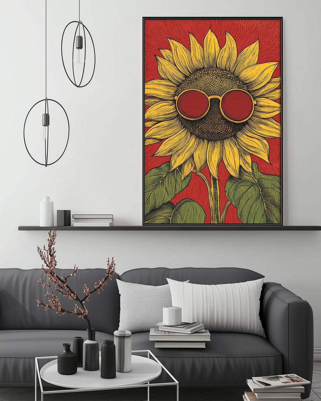 a large, colorful painting of a sunflower with sunglasses on it, hanging on a wall above a gray couch in a living room setting.