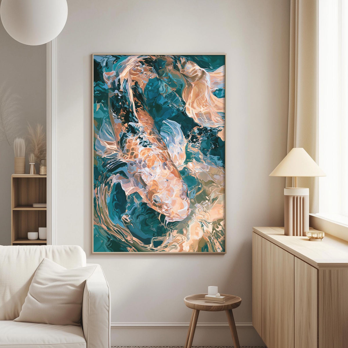a large abstract painting hanging on a wall in a living room. The painting has a vibrant mix of blue, green, and orange colors, creating a dynamic and eye-catching display. The room is furnished with a white sofa, a wooden side table, and a lamp, creating a cozy and inviting atmosphere.