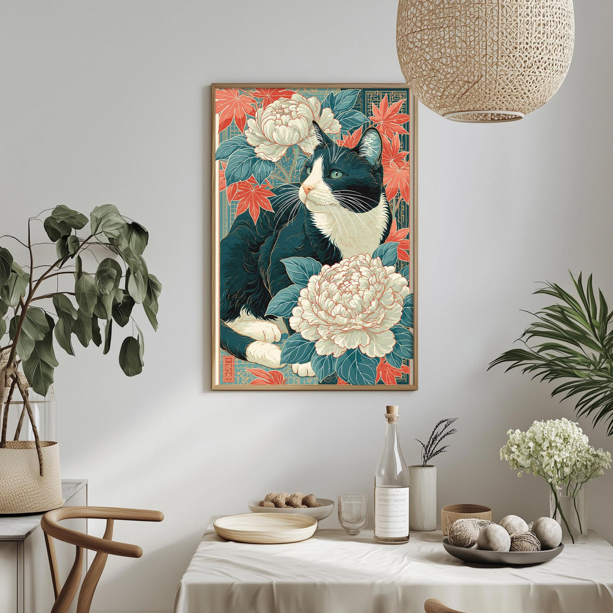 a framed illustration of a cat surrounded by a vibrant floral arrangement, with a dining table and chairs in the foreground.