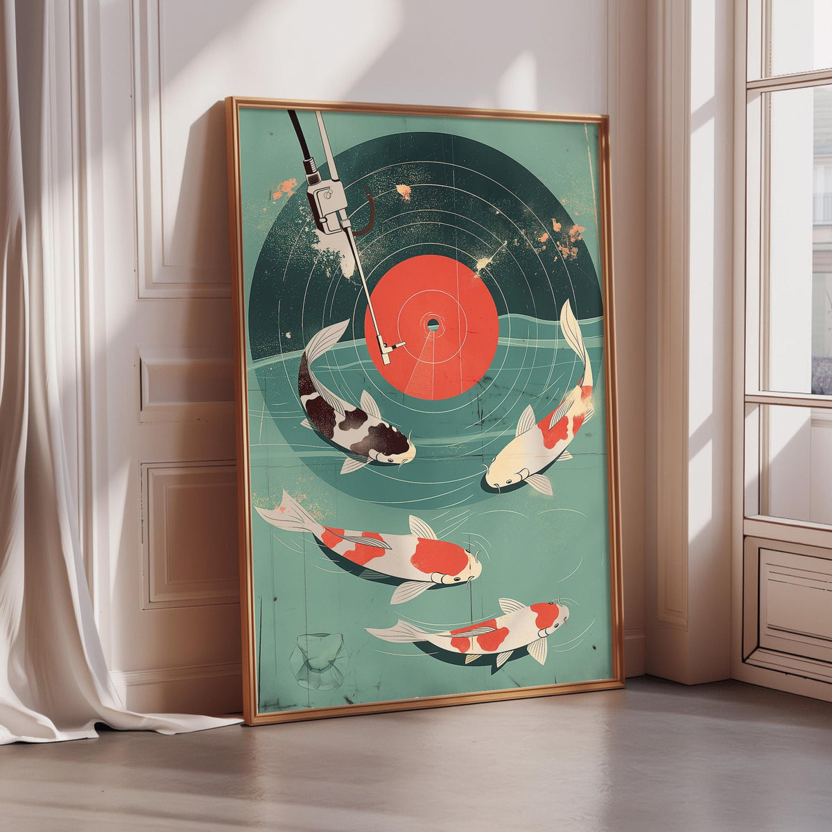 a framed artwork depicting a vibrant scene with three koi fish swimming in a circular pattern, surrounded by a green background with a red circle.
