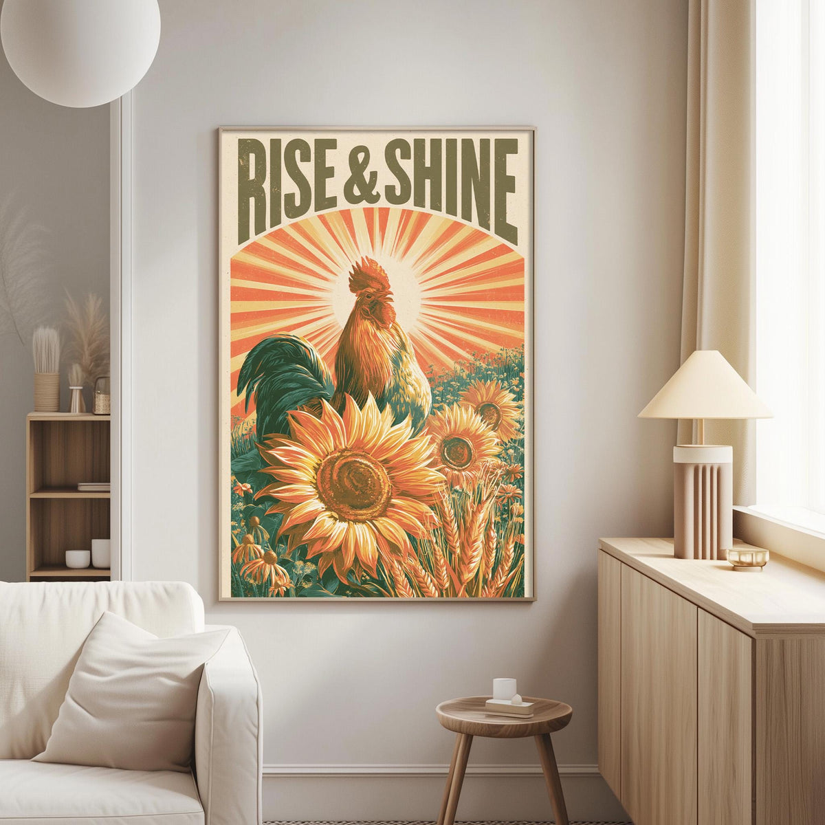 a poster of a rooster surrounded by sunflowers, with the text "RISE & SHINE" prominently displayed.