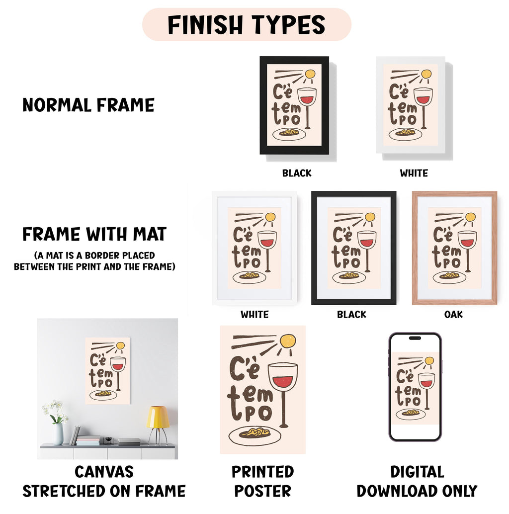 various framed artworks, including a poster, a canvas, and a digital poster, each with different finish types and frame styles.