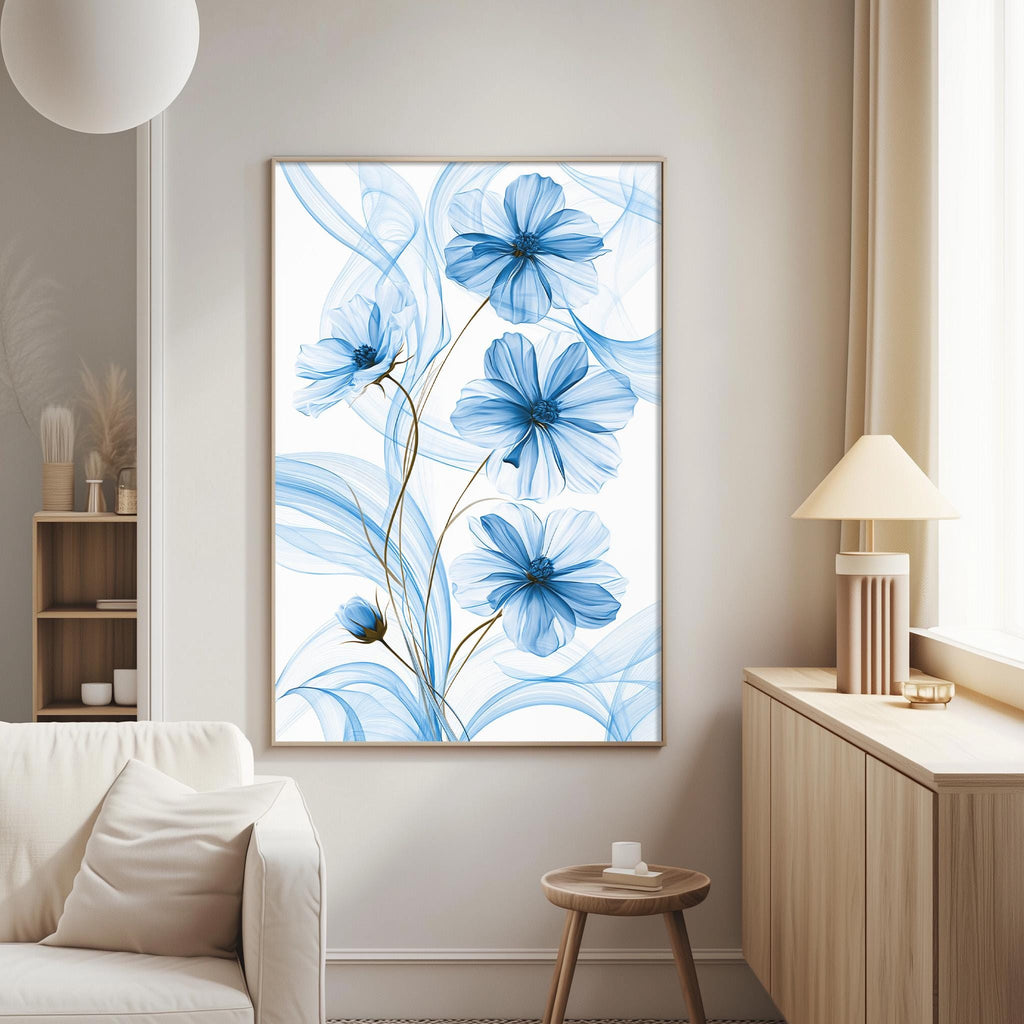a living room with a large blue flower painting hanging on the wall. The painting is a vibrant display of blue flowers with delicate petals, creating a serene and calming atmosphere in the room.