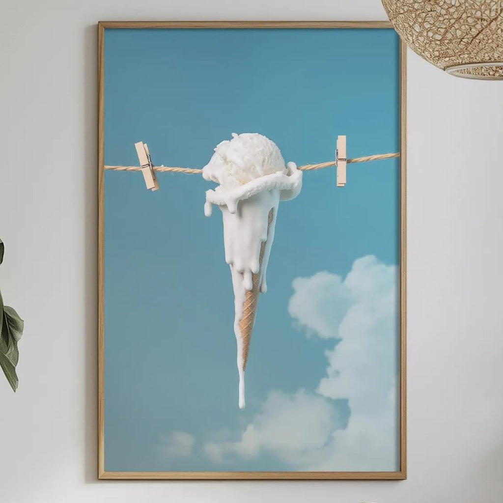 a dining table with a white tablecloth, a bowl of fruit, a bottle, and a vase with flowers. Above the table, there is a framed picture of a melting ice cream cone hanging on a clothesline.