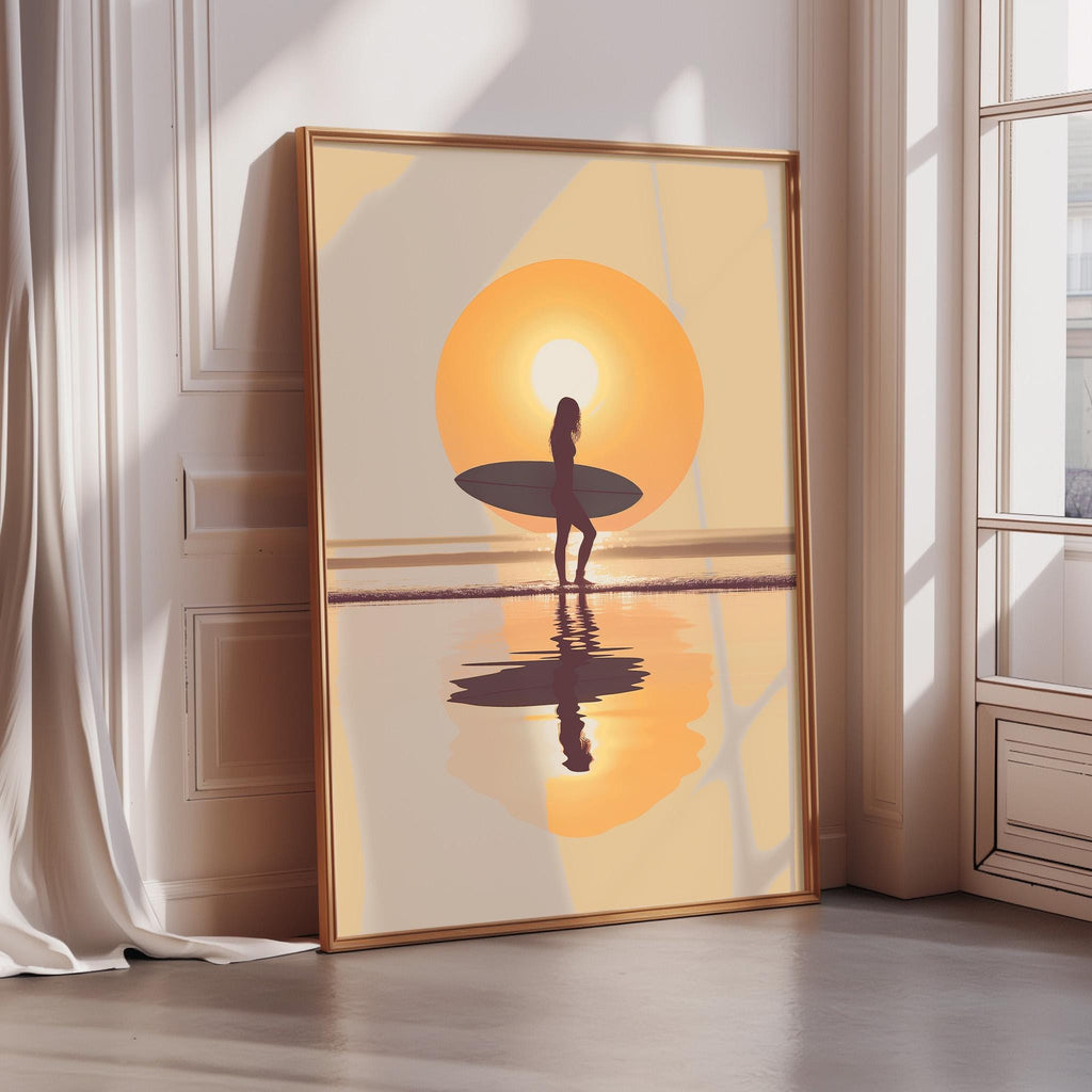 a woman holding a surfboard, standing on a beach with a sunset in the background.