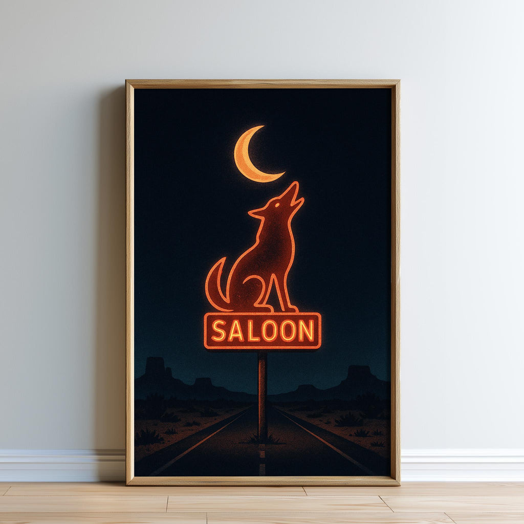 a neon sign of a wolf howling at the moon, with the word "SALOON" written below it.