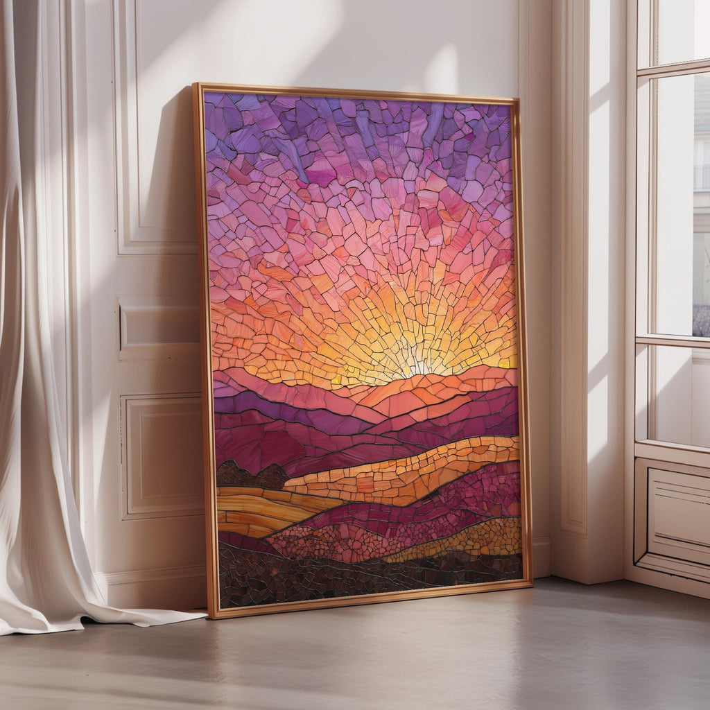 A large, colorful mosaic artwork depicting a vibrant sunset landscape is displayed on a wall in a room with a window.