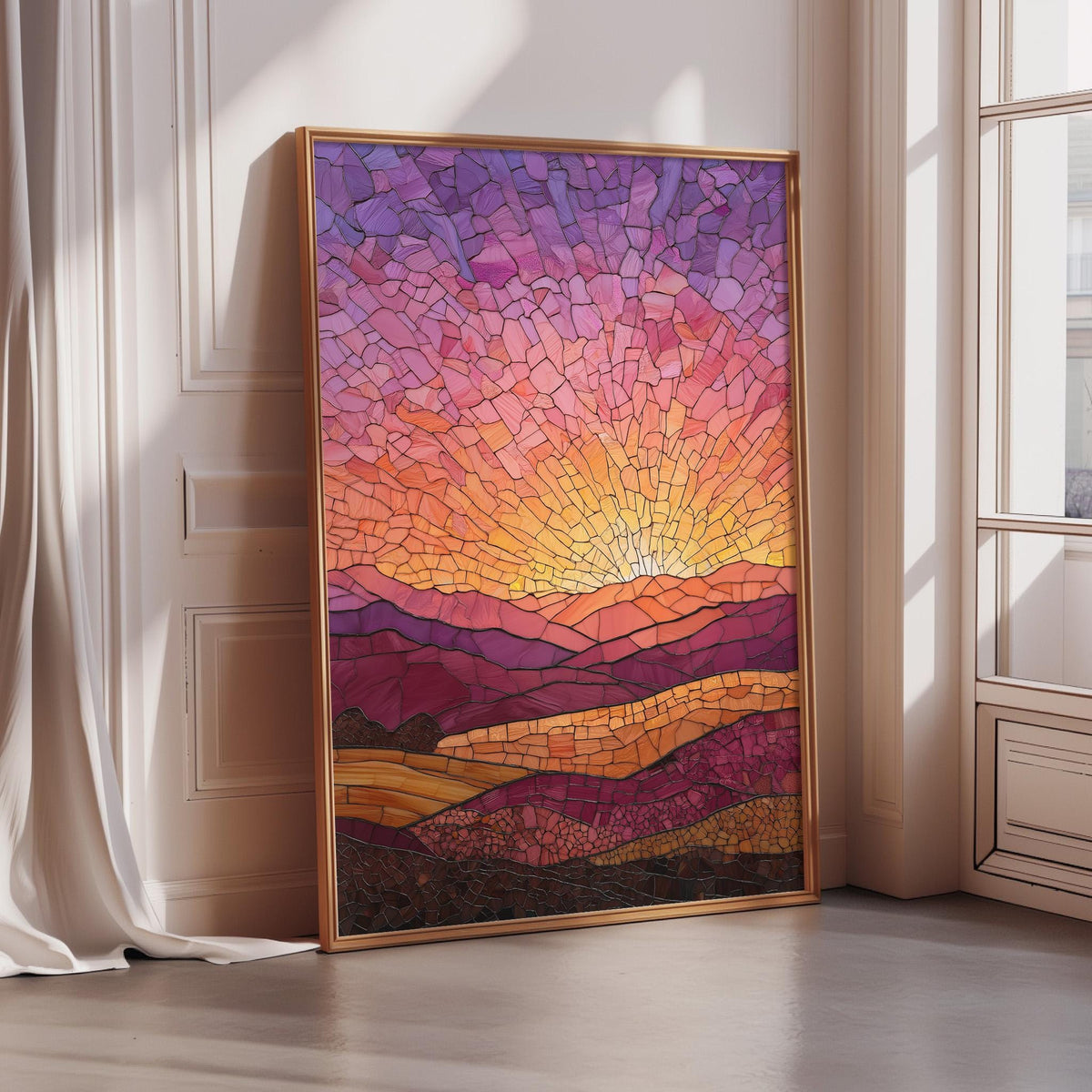 A large, colorful mosaic artwork depicting a vibrant sunset landscape is displayed on a wall in a room with a window.