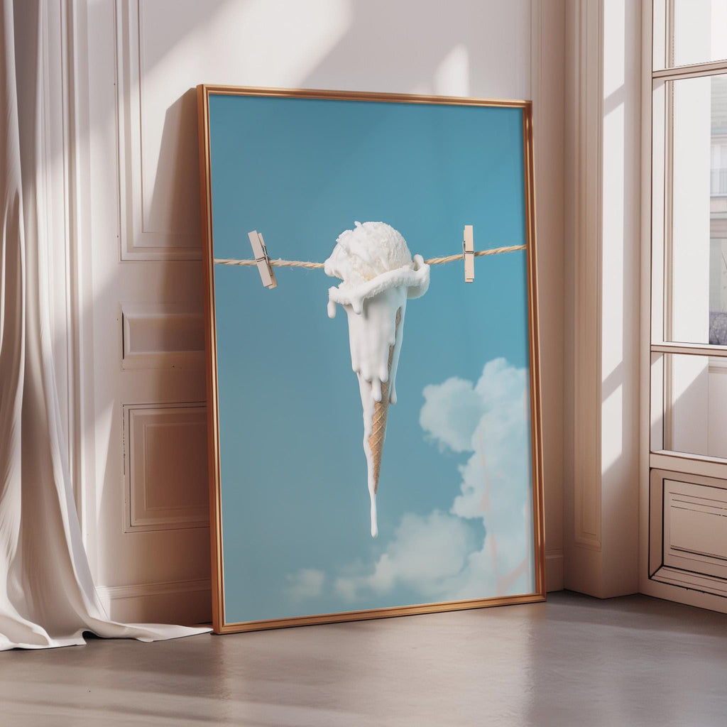 A framed image depicting a melting ice cream cone against a blue sky with clouds.