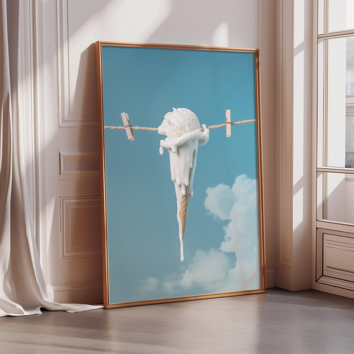 A framed image depicting a melting ice cream cone against a blue sky with clouds.
