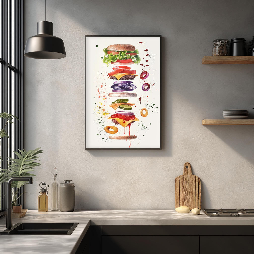 a kitchen counter with various kitchen items, including a cutting board, a knife, a bottle, and a plant. Above the counter, there is a framed print of a colorful illustration of a hamburger, with the hamburger made up of different layers and toppings.