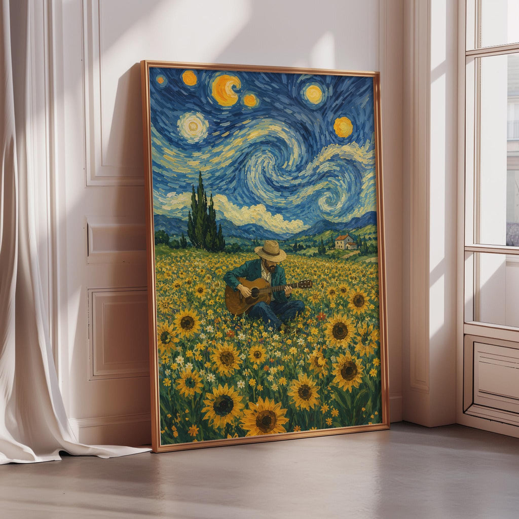 The image is a framed painting depicting a person playing a guitar in a field of sunflowers, with a starry night sky in the background.