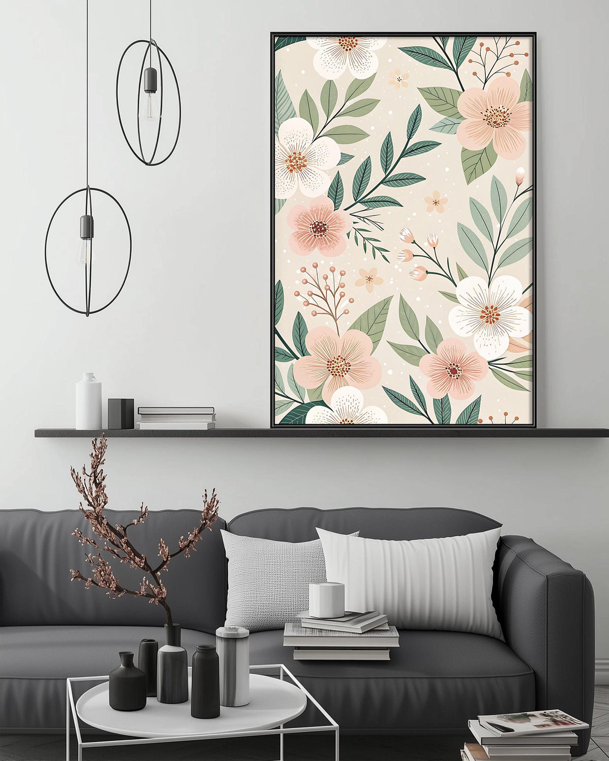 a modern living room with a gray sofa, a coffee table, and a large floral print hanging on the wall above the sofa.