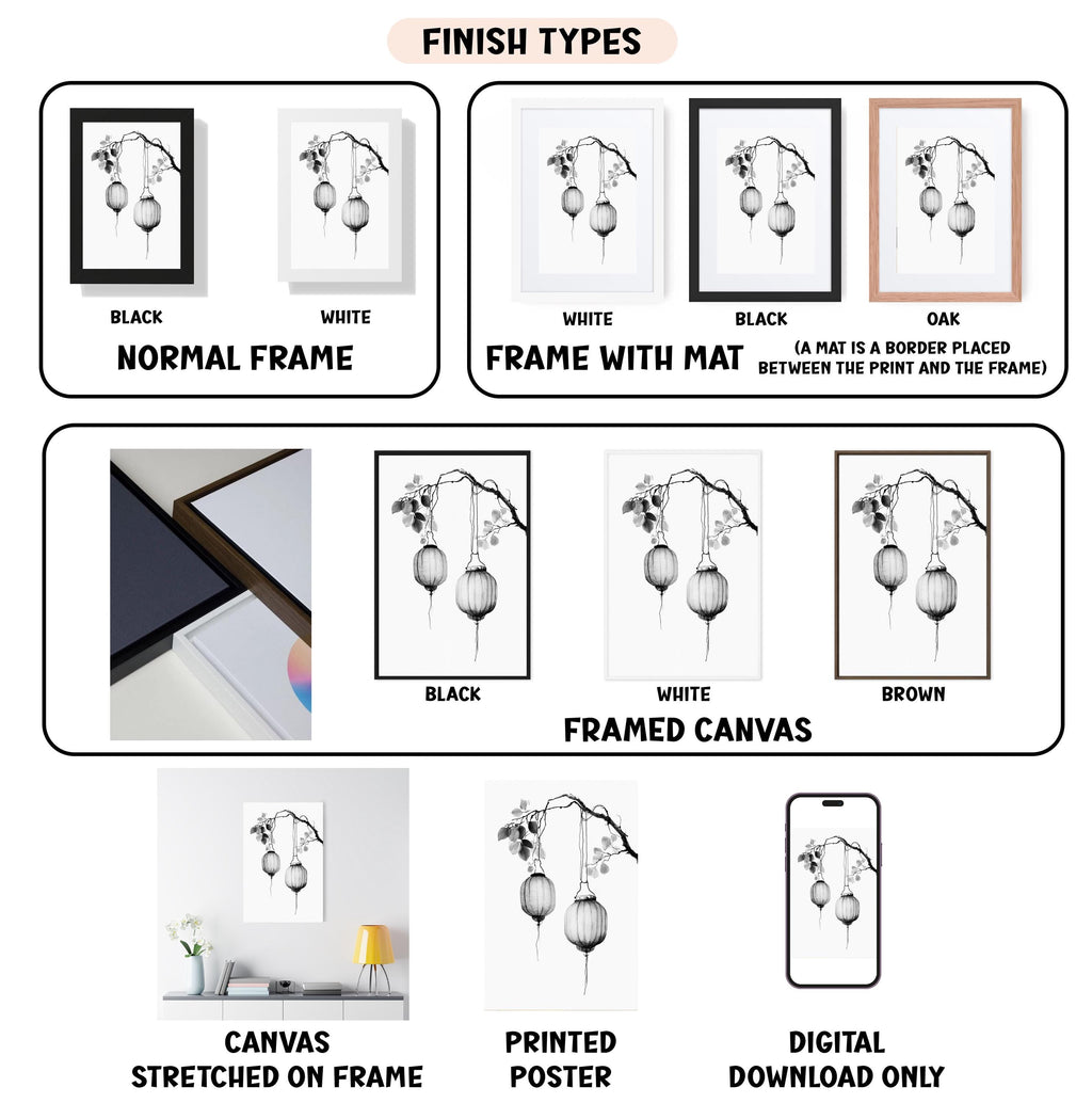 various finish types for artwork, including a normal frame, a frame with a mat, a black frame, a white frame, a black frame, a white frame, a brown frame, a framed canvas, a stretched canvas, a printed poster, and a digital download only.