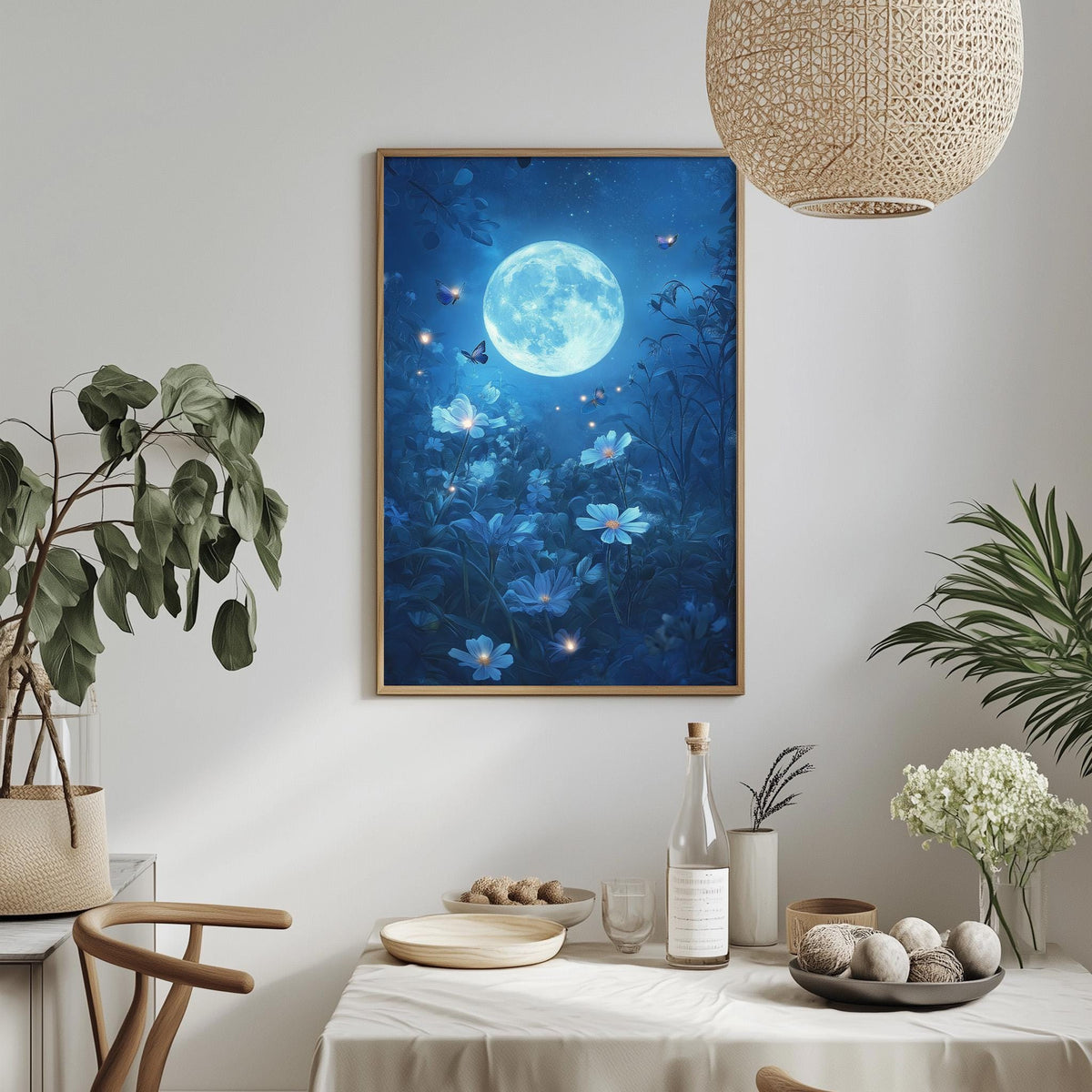a serene and tranquil indoor setting with a large framed picture of a moonlit night scene hanging on the wall. The moon is visible in the sky, surrounded by a field of flowers and twinkling stars. The scene is complemented by a dining table set with various items, including a bottle, a bowl, and a vase, creating a cozy and inviting atmosphere.