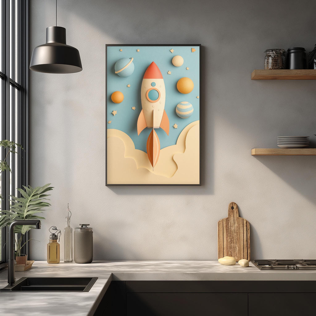 a kitchen counter with various items, including a framed artwork depicting a rocket ship, a potted plant, and a cutting board.