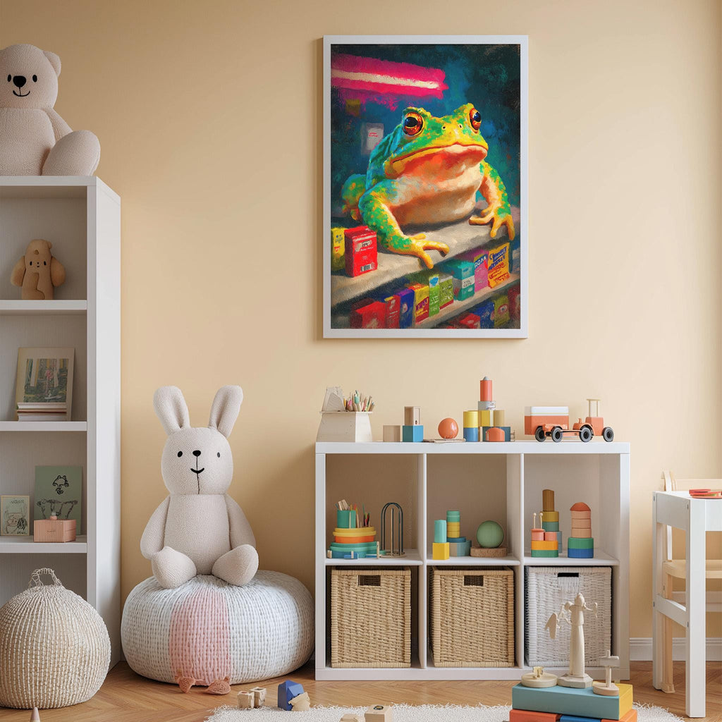 A child's bedroom with a large painting of a frog on the wall, a stuffed rabbit, a toy shelf with various toys, and a storage unit with baskets and other items.