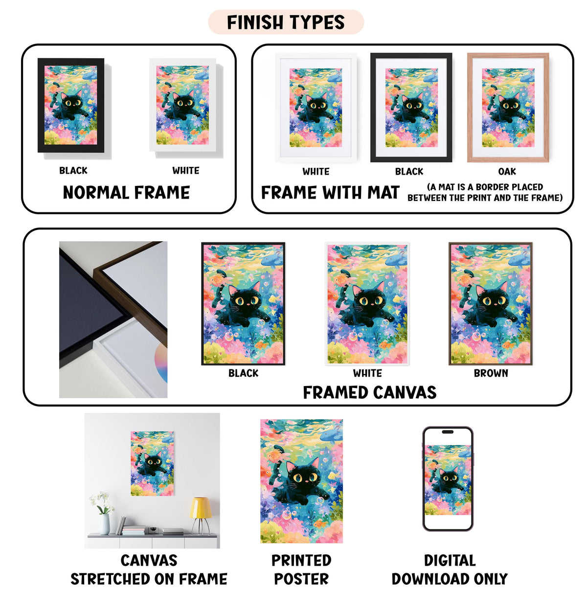 various types of artwork, including paintings, framed prints, and digital art, each with different finishes and frame styles.