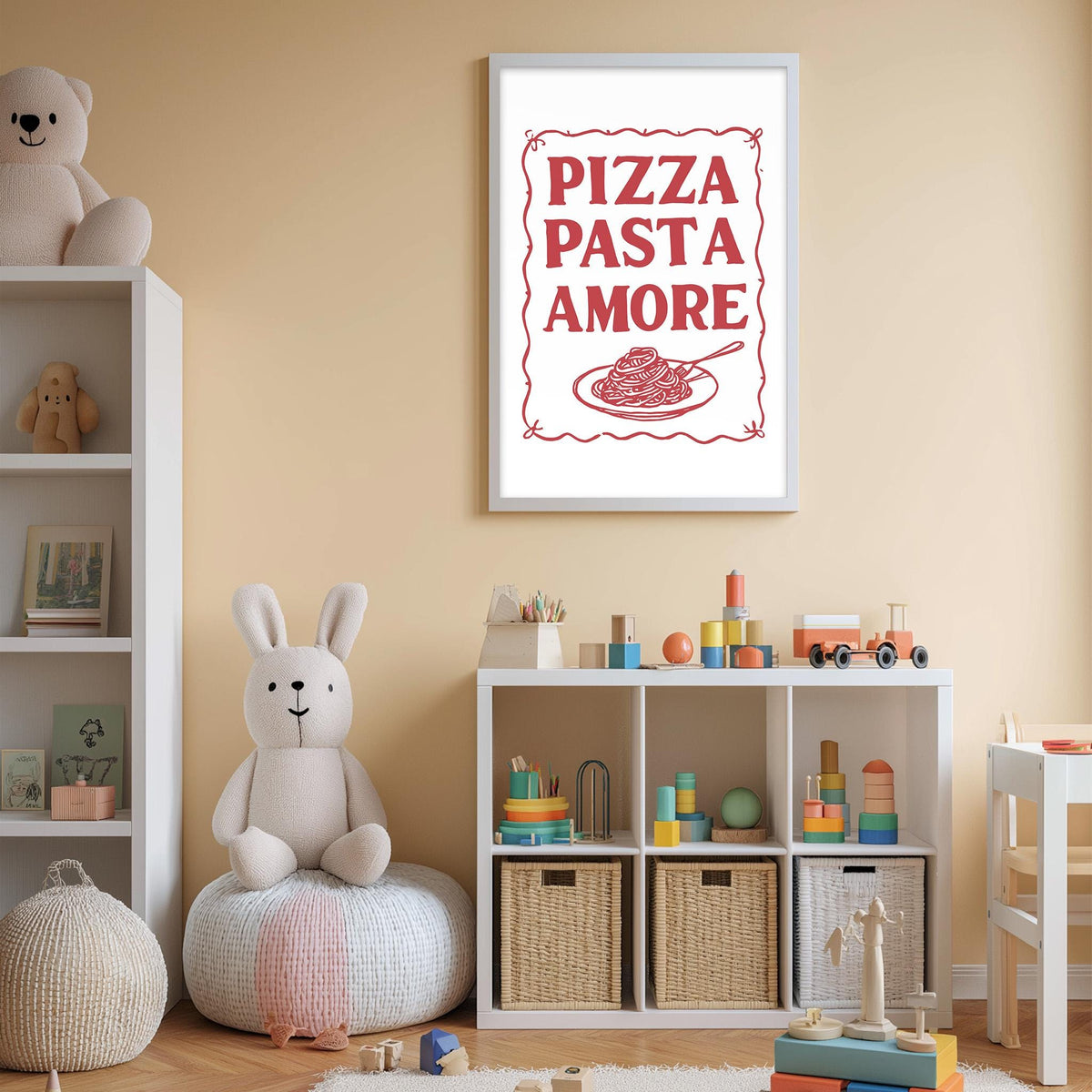 A child's bedroom with a stuffed rabbit, a shelf with toys, and a framed poster on the wall that says "PIZZA PASTA AMORE".