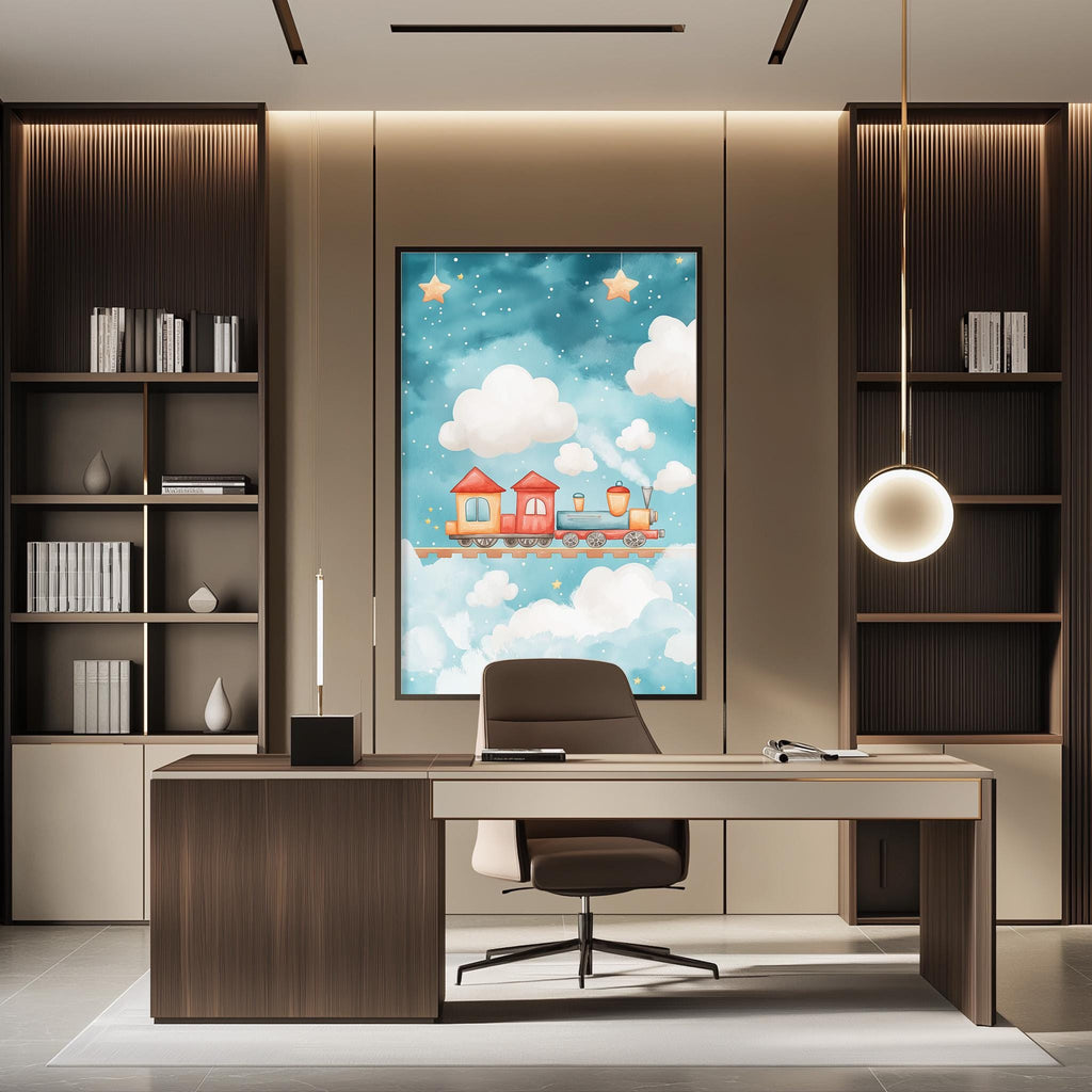 a modern and well-lit office space with a large framed poster of a train on a blue background hanging on the wall. The office features a desk, chair, and bookshelves, creating a professional and organized atmosphere.
