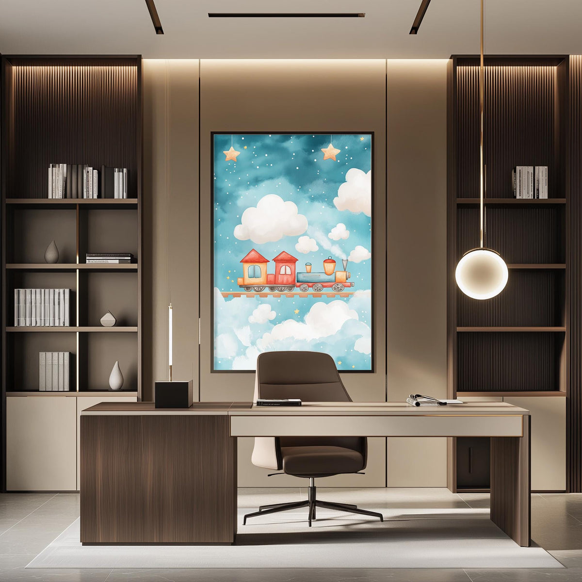 a modern and well-lit office space with a large framed poster of a train on a blue background hanging on the wall. The office features a desk, chair, and bookshelves, creating a professional and organized atmosphere.