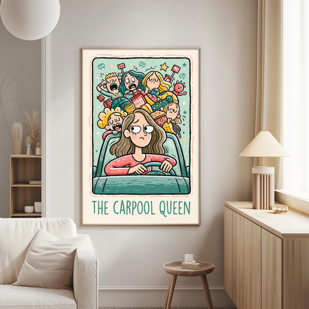 The image is a framed illustration of a woman sitting in a car, surrounded by various cartoon characters, with the text "The Carpool Queen" below the illustration.