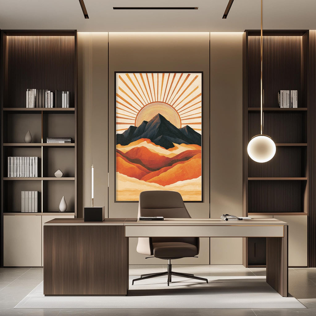 a modern office space with a large framed artwork of a mountain landscape on the wall, featuring a sunburst design. The office has a wooden desk, a comfortable-looking chair, and a bookshelf filled with books. The overall design and decor create a professional and stylish atmosphere.