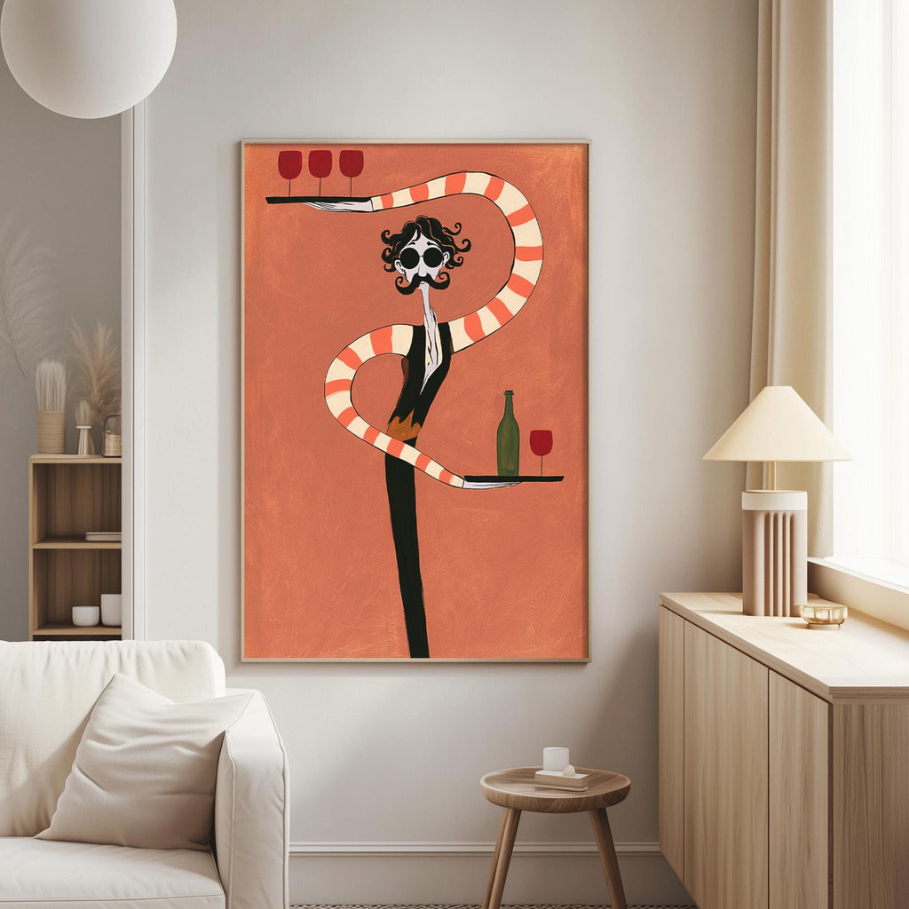 a large abstract painting of a stylized figure holding a wine glass and a bottle, set against an orange background. The painting is hanging on a wall in a living room, with a white couch and a wooden side table visible in the background.