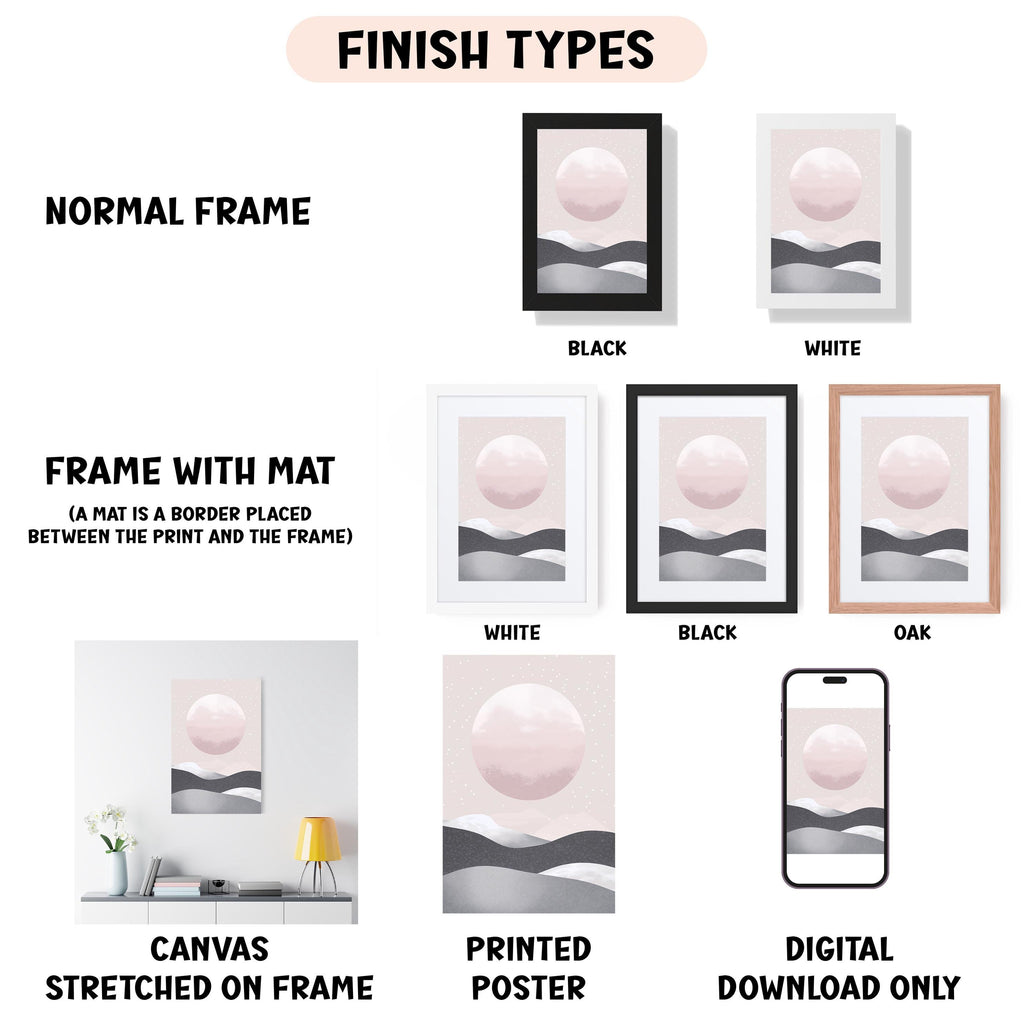 various finish types for framed artwork, including a normal frame, a frame with a mat, a white frame, a black frame, an oak frame, a white canvas stretched on a frame, a printed poster, and a digital download only.