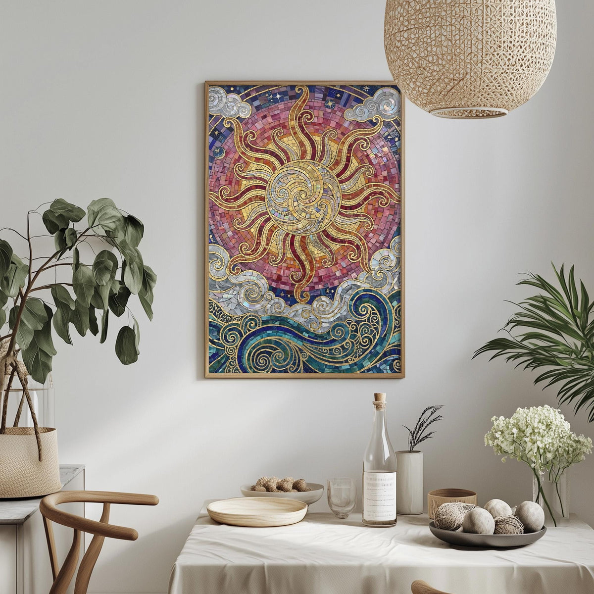 a dining table with a white tablecloth, a bowl of fruit, a bottle, and a vase with flowers. Above the table, there is a framed picture of a sun and a rainbow. The table is set with a plate, a wine glass, and a small bowl. The room has a modern and elegant decor, with a potted plant, a hanging light fixture, and a vase of flowers.