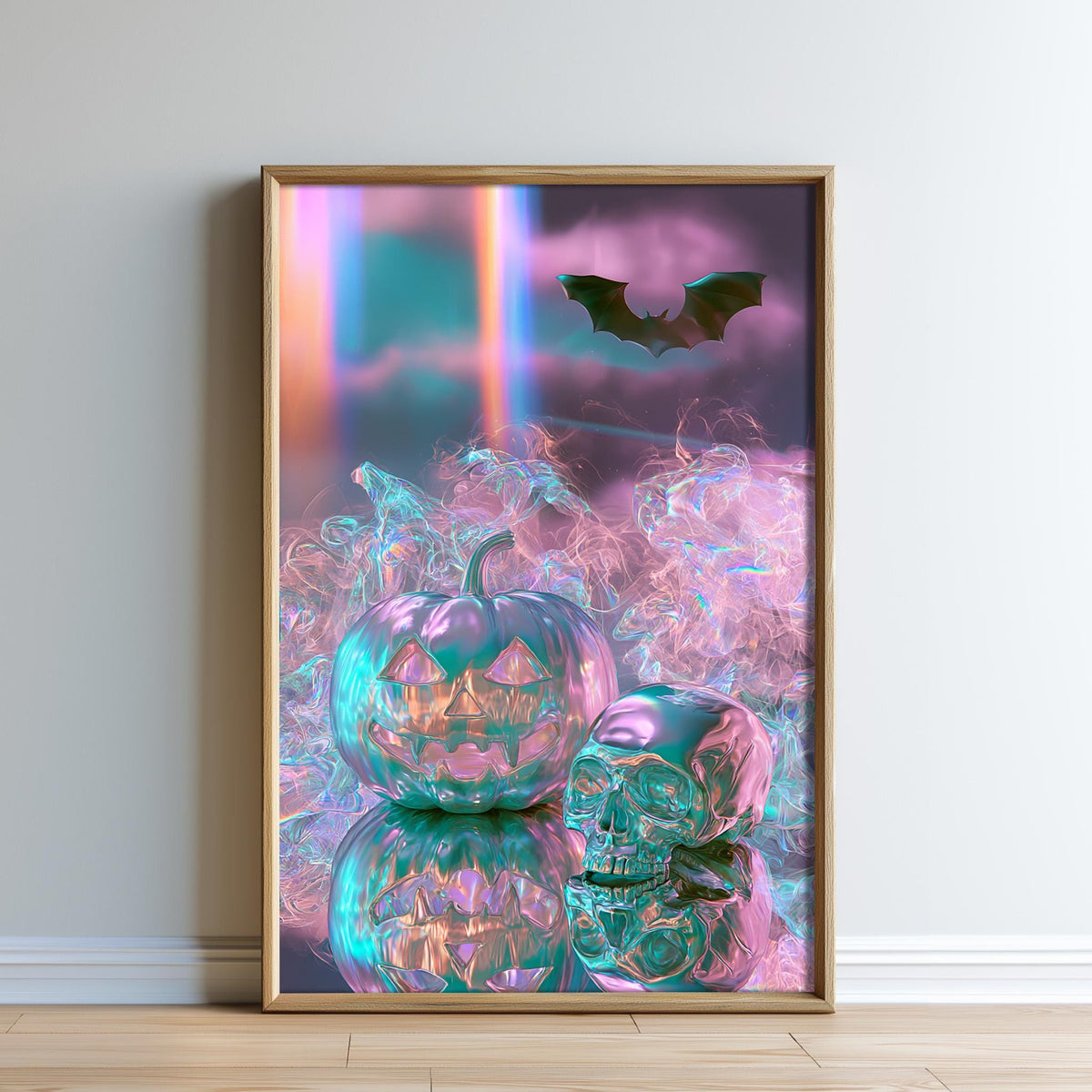 a Halloween-themed scene with a bat flying over a pumpkin and a skull, all set against a colorful, ethereal background.