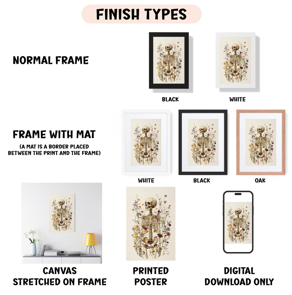 various types of artwork, including a normal frame, a frame with a mat, a white frame, a black frame, a white frame, a black frame, an oak frame, a canvas stretched on a frame, a printed poster, and a digital download only.