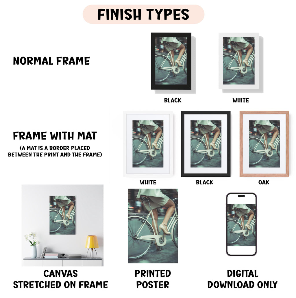 various types of artwork, including a canvas stretched on a frame, a framed photograph, and a digital poster. The artwork is presented in different frame colors and styles, such as a normal frame, a black frame, a white frame, and an oak frame. The artwork is also described as a canvas stretched on a frame, a printed poster, and a digital download only. The image is a collage of multiple images, and the text provides information about the different frame types and the artwork displayed.