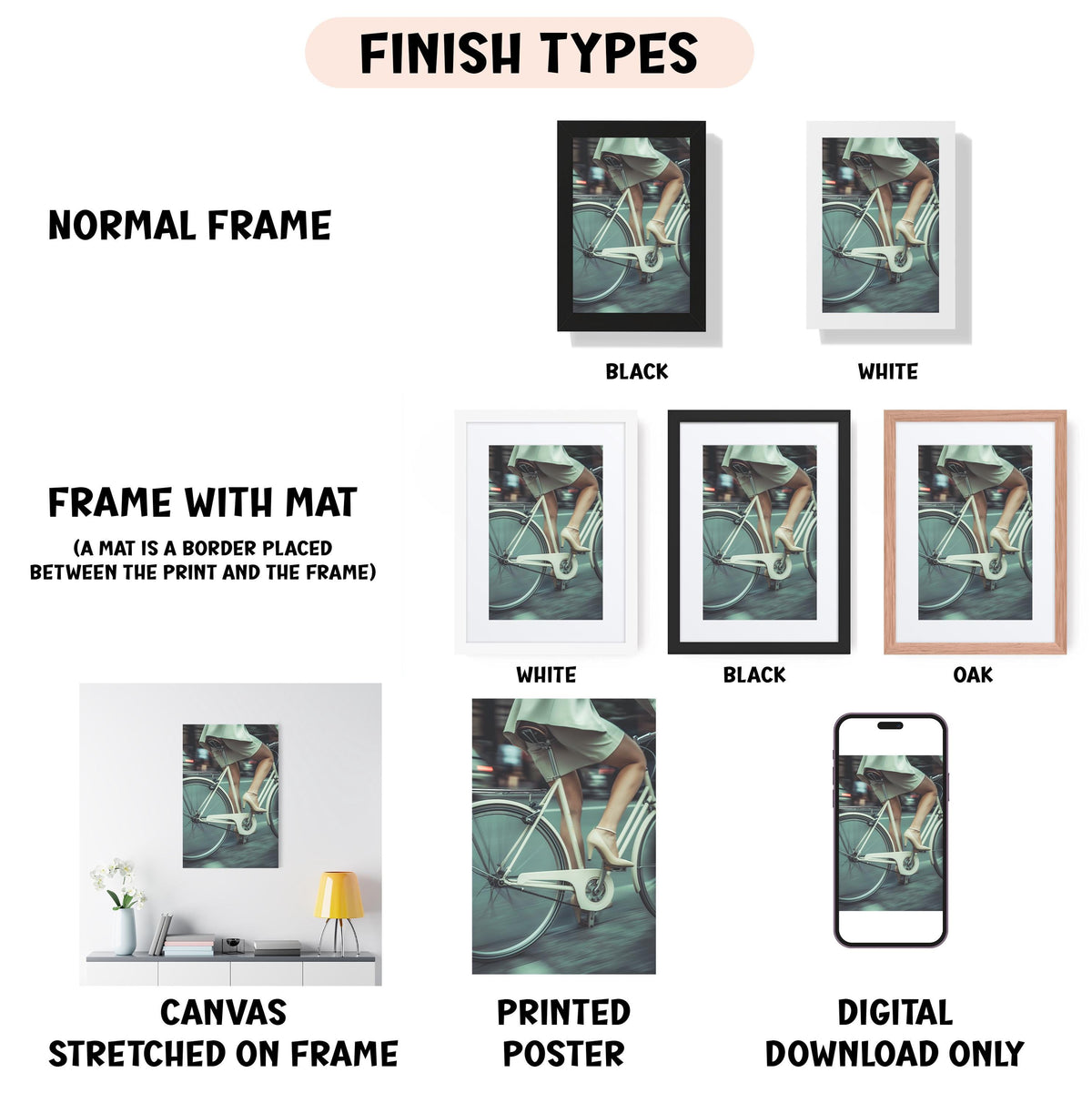 various types of artwork, including a canvas stretched on a frame, a framed photograph, and a digital poster. The artwork is presented in different frame colors and styles, such as a normal frame, a black frame, a white frame, and an oak frame. The artwork is also described as a canvas stretched on a frame, a printed poster, and a digital download only. The image is a collage of multiple images, and the text provides information about the different frame types and the artwork displayed.