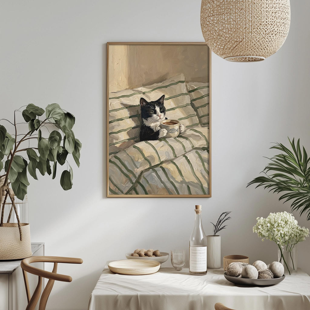 a cozy indoor setting with a framed painting of a cat sitting on a bed, surrounded by various decorative elements such as plants, a bowl of fruit, and a bottle.