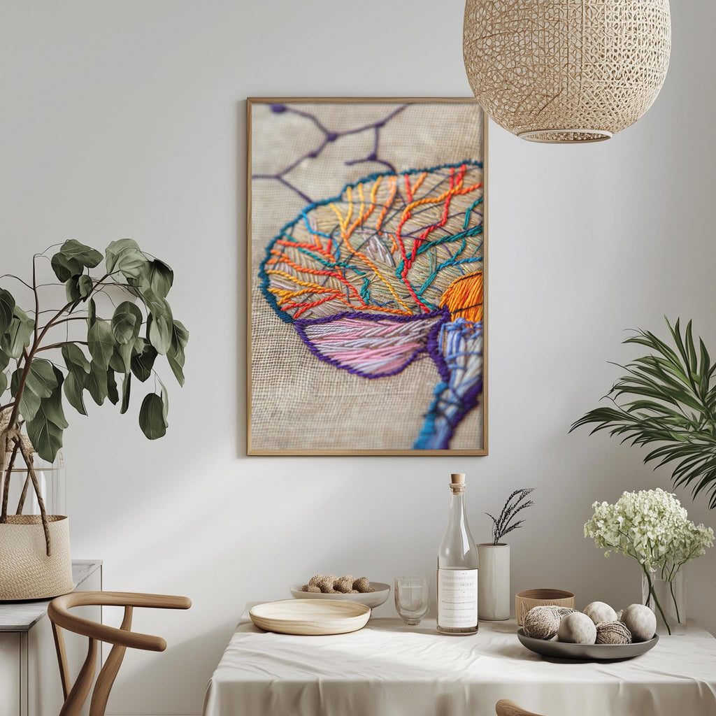a dining table with a white tablecloth, a bowl of fruit, a bottle, and a vase with flowers. Above the table, there is a framed picture of a colorful, intricate embroidered brain design.