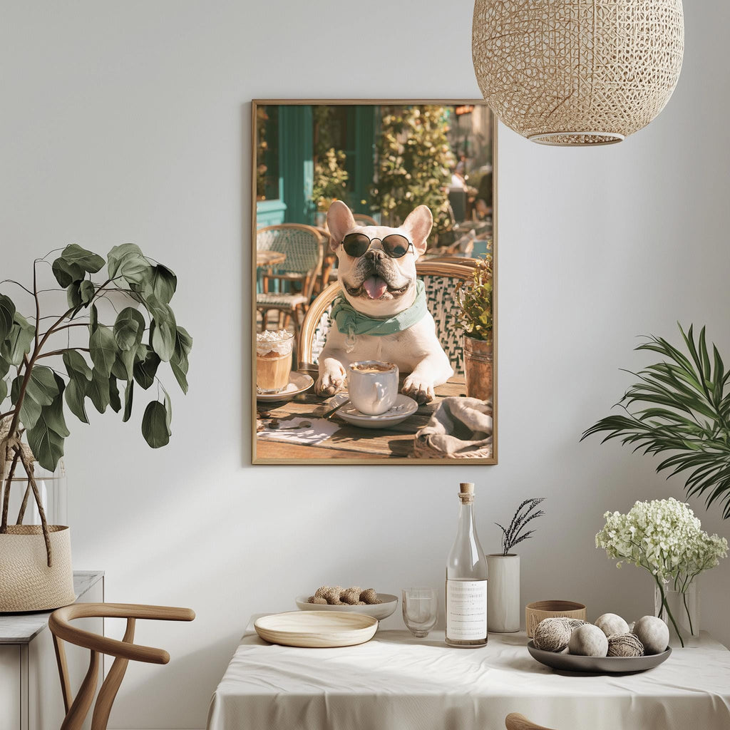 A framed photograph of a French Bulldog wearing sunglasses and sitting at a table with a cup and saucer, surrounded by potted plants and other decorative items.