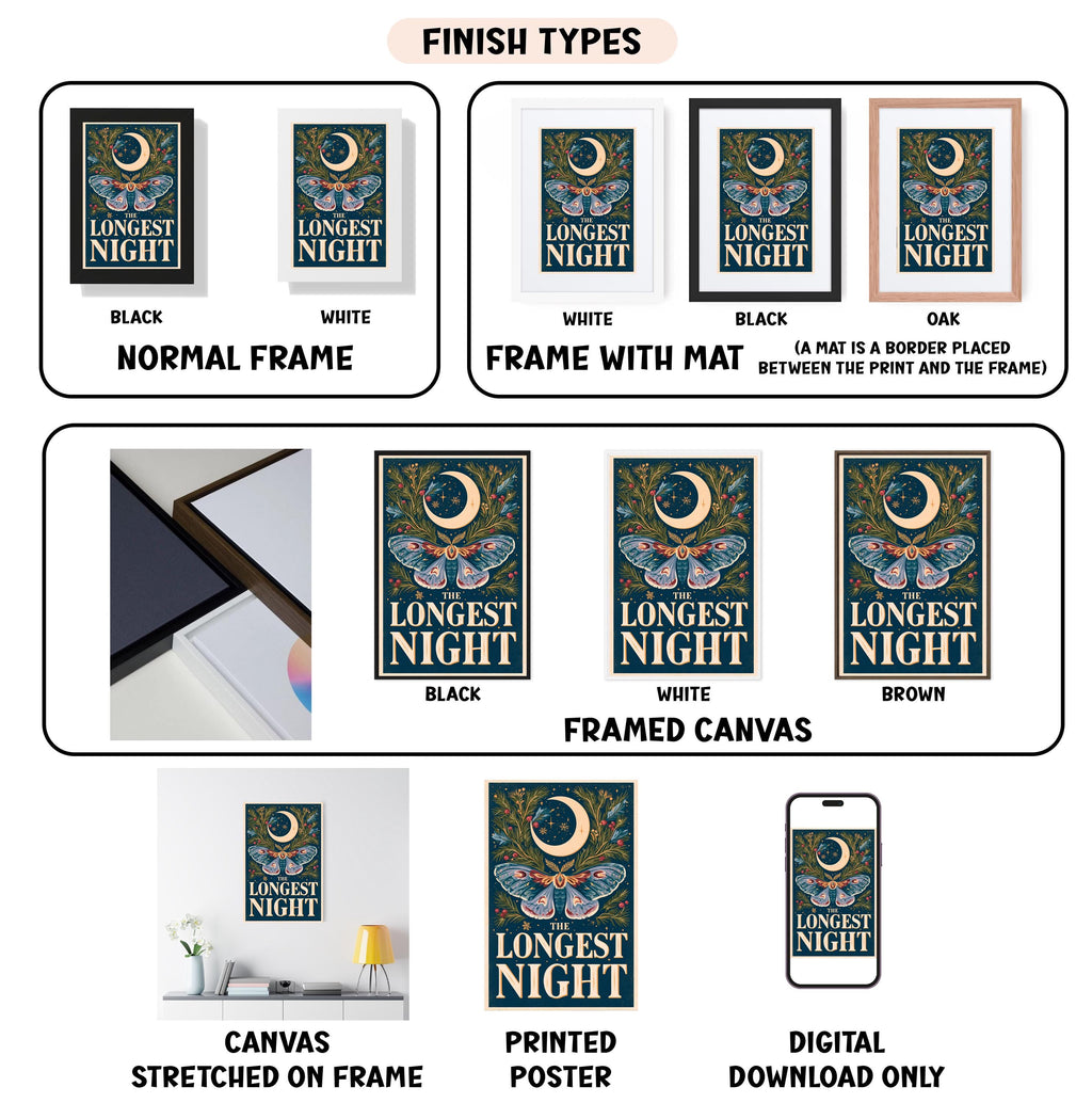 various images of a poster or artwork titled "Longest Night" with different frame and canvas options, as well as images of a framed canvas and a digital download.