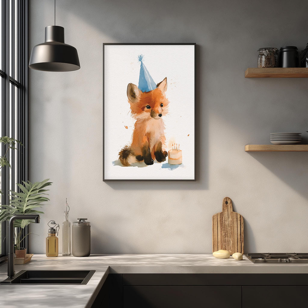 a framed watercolor painting of a fox wearing a birthday hat, sitting on a counter in a kitchen setting.