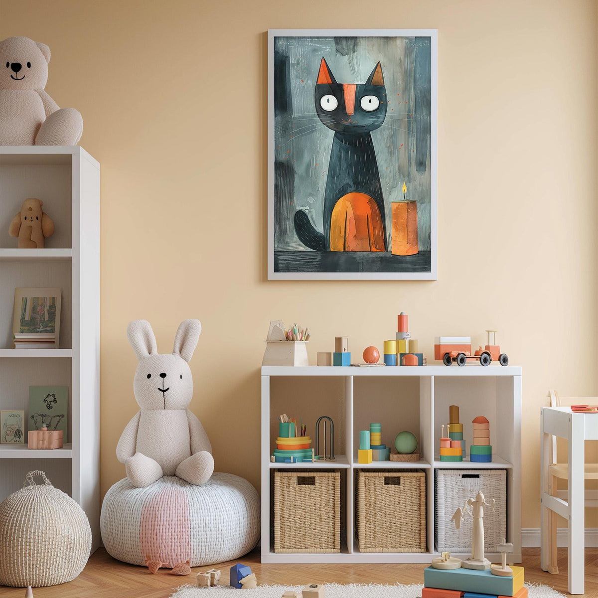 A cozy children's room with a white bookshelf, a stuffed rabbit, a cat painting, and a toy train set.