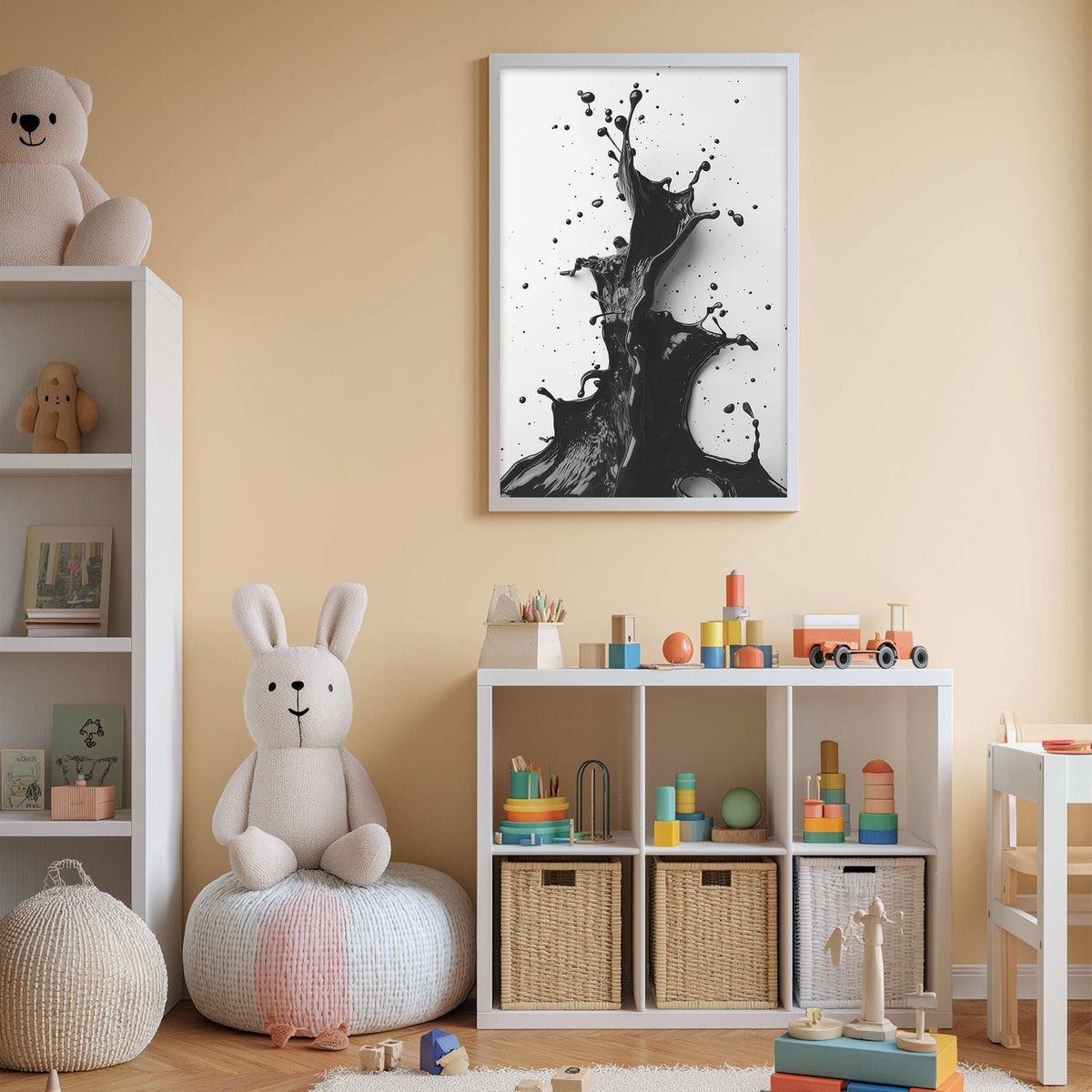 A cozy children's room with a white bookshelf, a plush rabbit, and a colorful toy box filled with toys. A framed abstract art print hangs on the wall above the bookshelf, and a white stool is placed in the room.