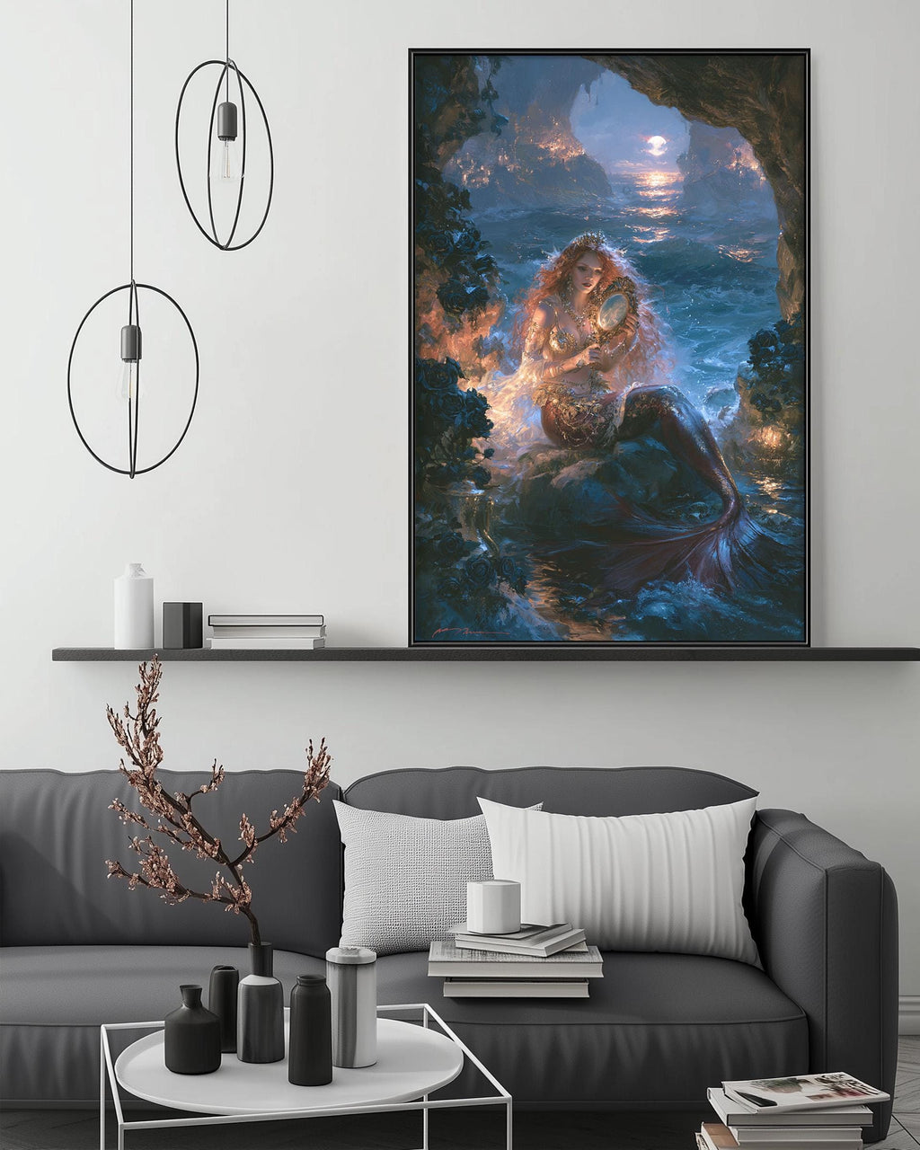 a large, colorful painting of a mermaid in a cave, hanging on a wall above a gray couch in a living room setting.