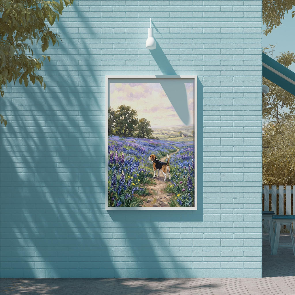 A framed painting of a dog walking through a field of purple flowers is displayed on a blue brick wall.