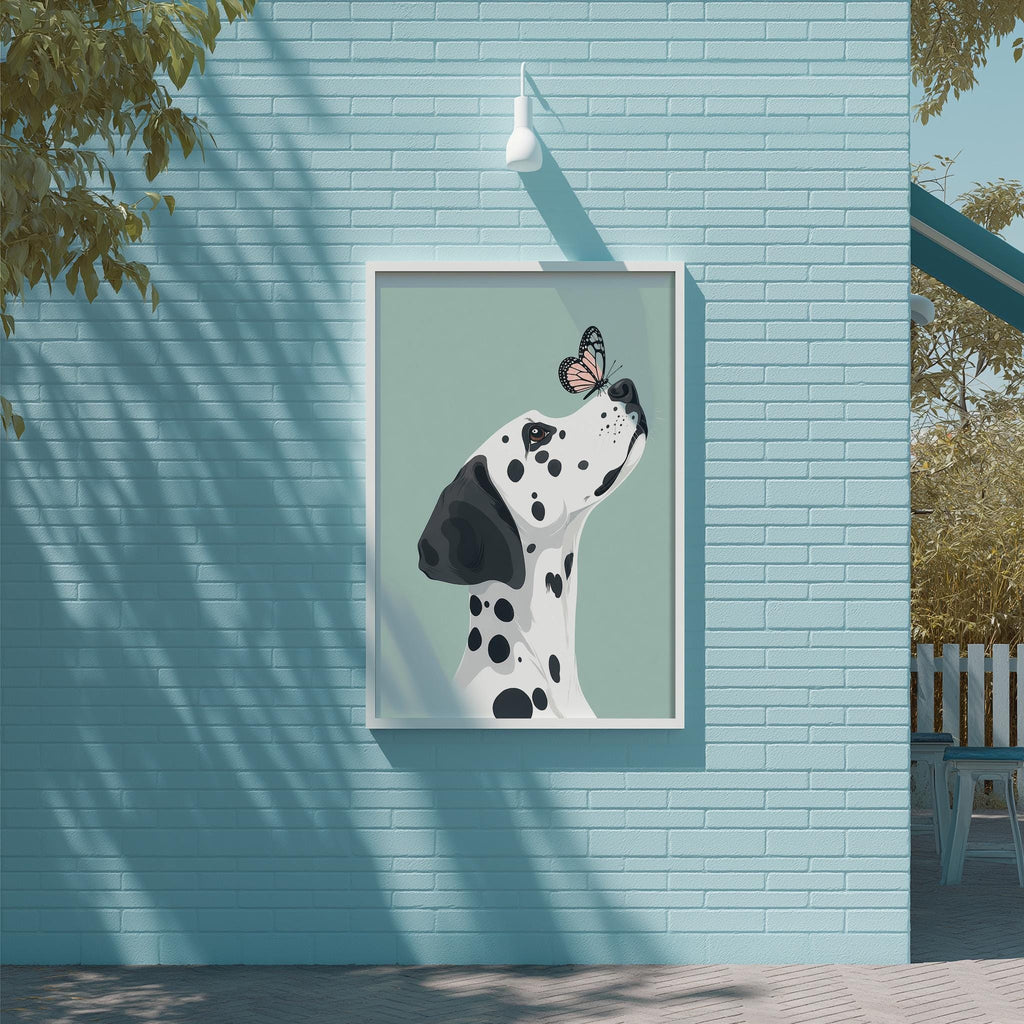 A Dalmatian dog is depicted in a framed artwork, with a butterfly resting on its nose, set against a blue brick wall.
