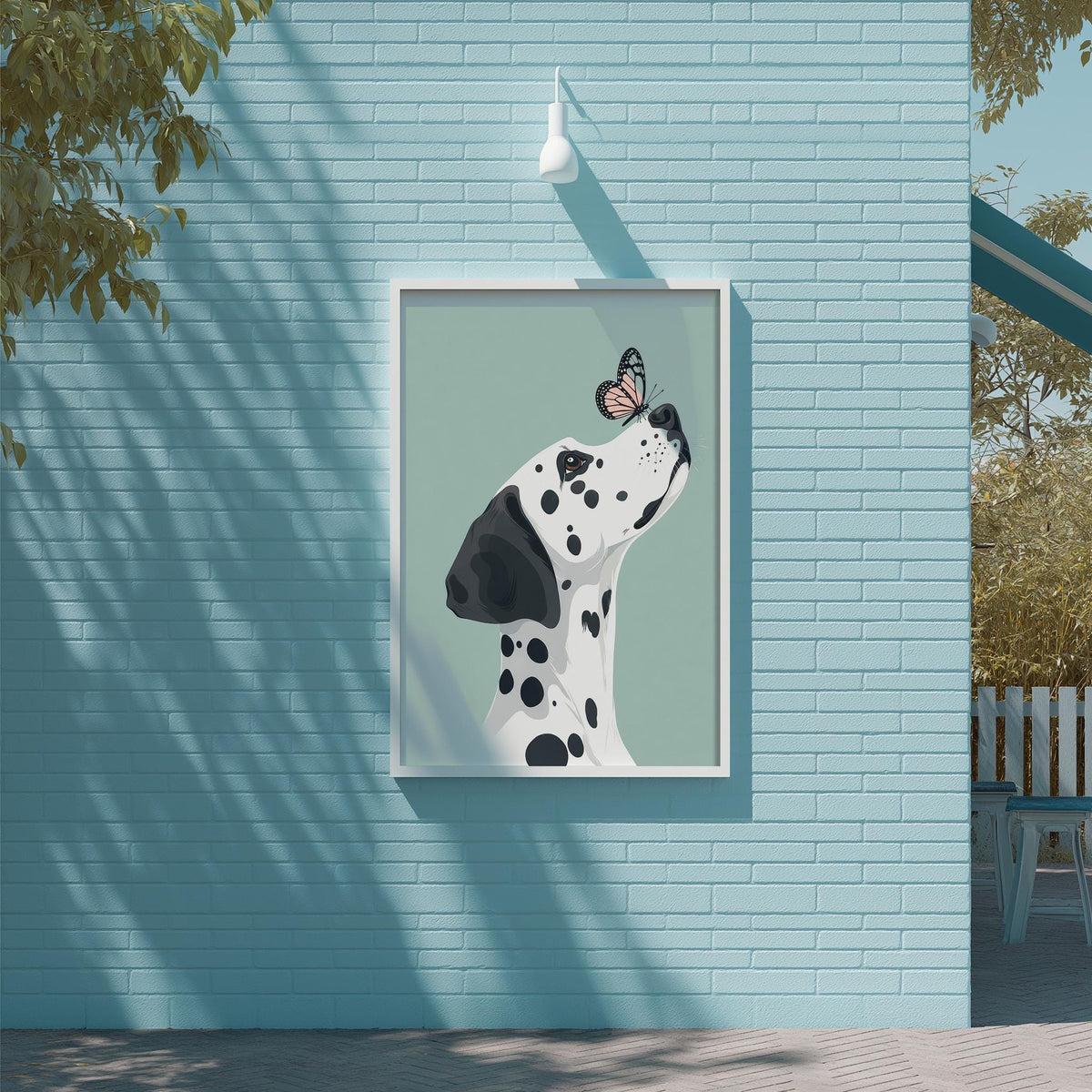 A Dalmatian dog is depicted in a framed artwork, with a butterfly resting on its nose, set against a blue brick wall.