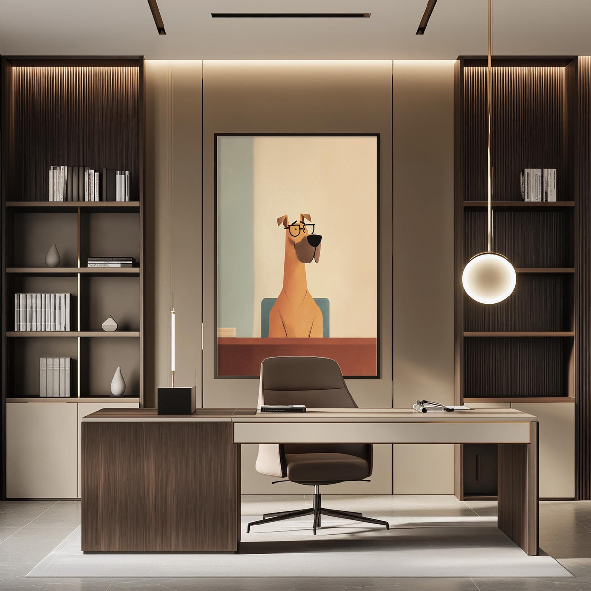 a modern office space with a large framed illustration of a dog wearing glasses on the wall. The office features a wooden desk, a comfortable chair, and a bookshelf filled with books. The overall design and decor create a professional and stylish atmosphere.