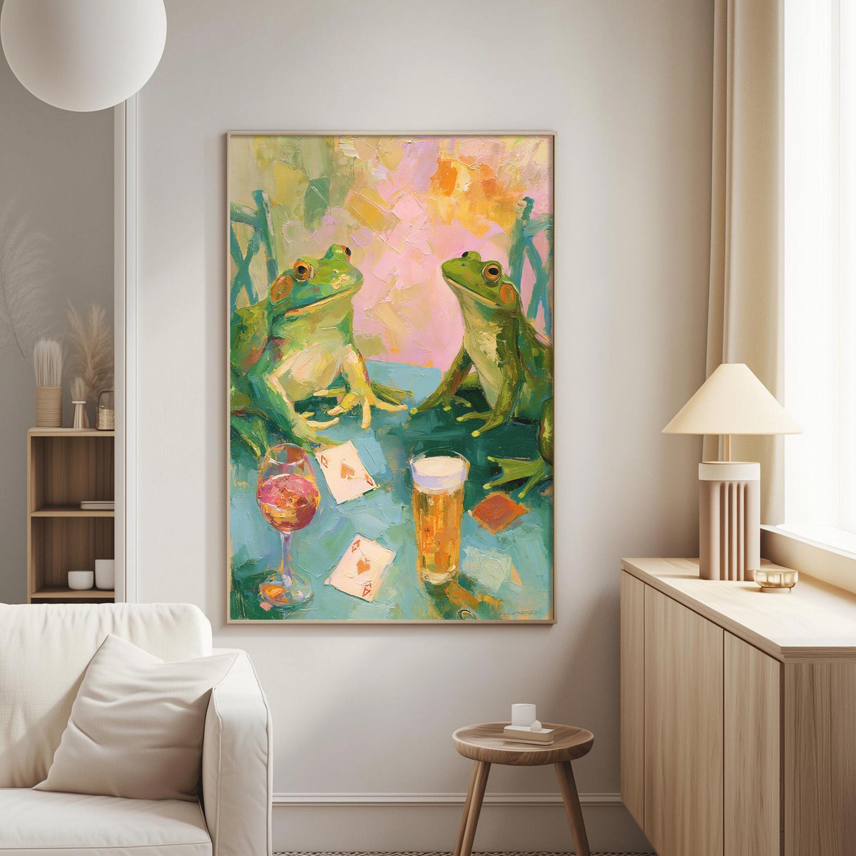 a cozy living room with a large painting of two green frogs sitting at a table, surrounded by various objects such as a wine glass, playing cards, and a lamp.